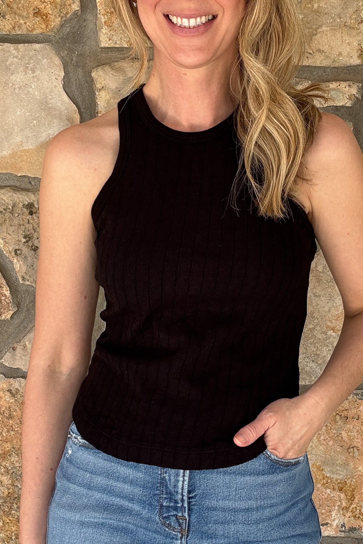 100% Cotton Double Faced Pointelle Tank in Black, Made in the USA