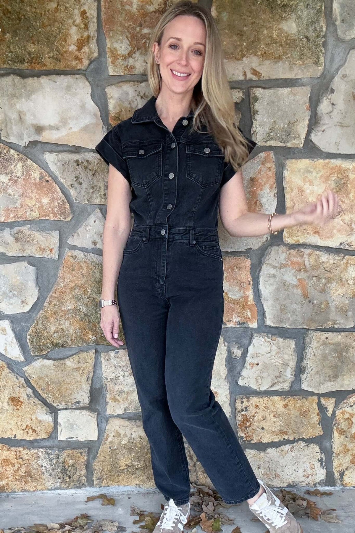 Black Short sleeve Rolled Sleeve Jumpsuit - Cotton & Cashmere