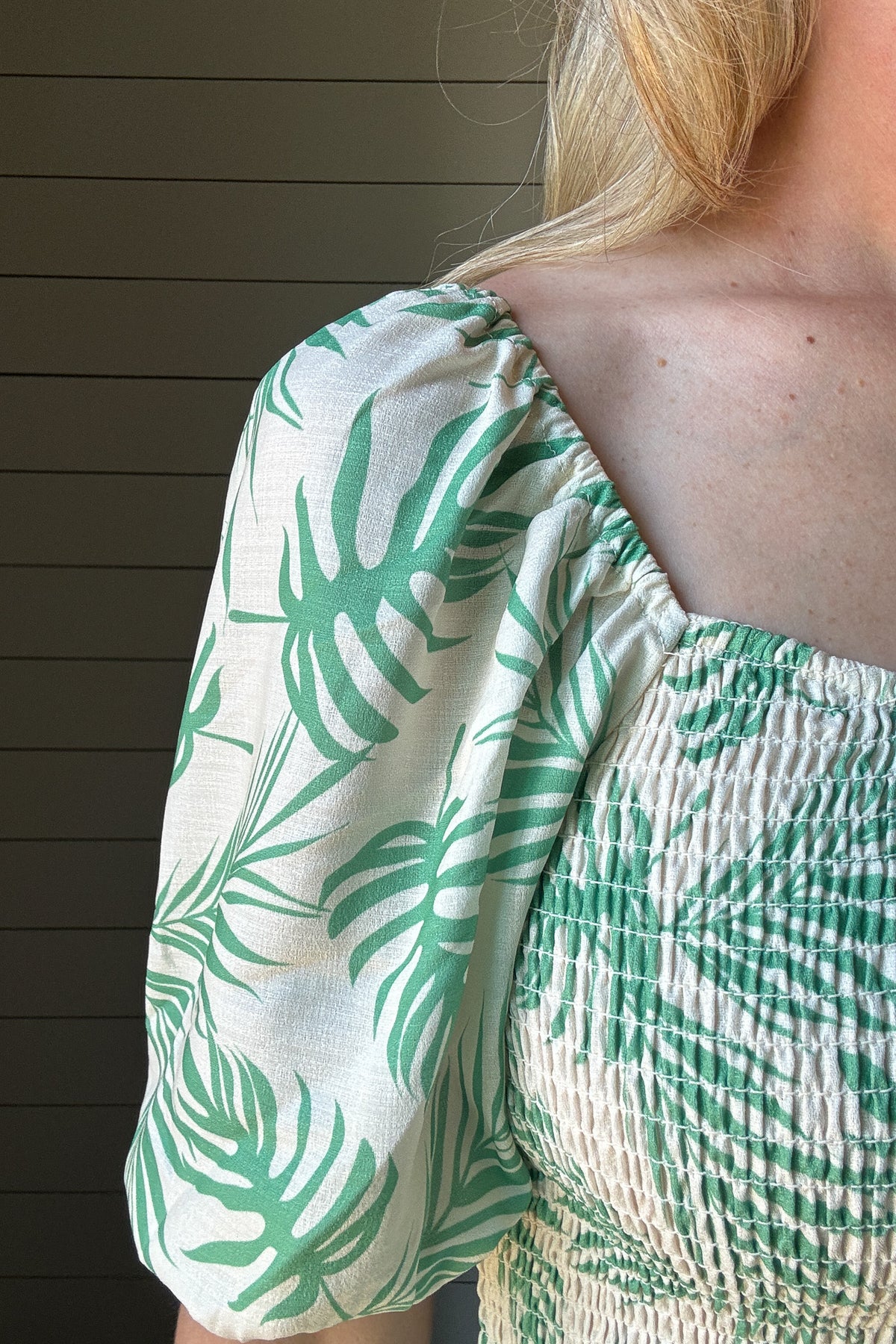 green and cream top with ruched detailing, sweatheart neckline