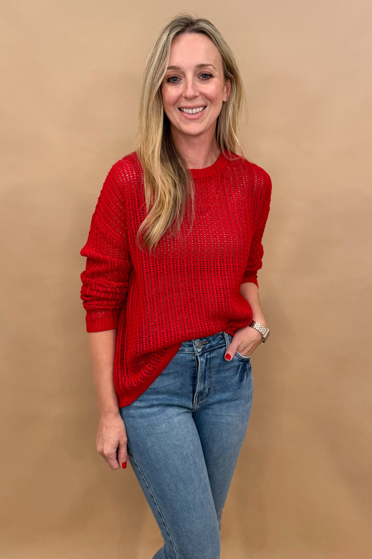 Red Open Knit Sweater, 100% Cotton