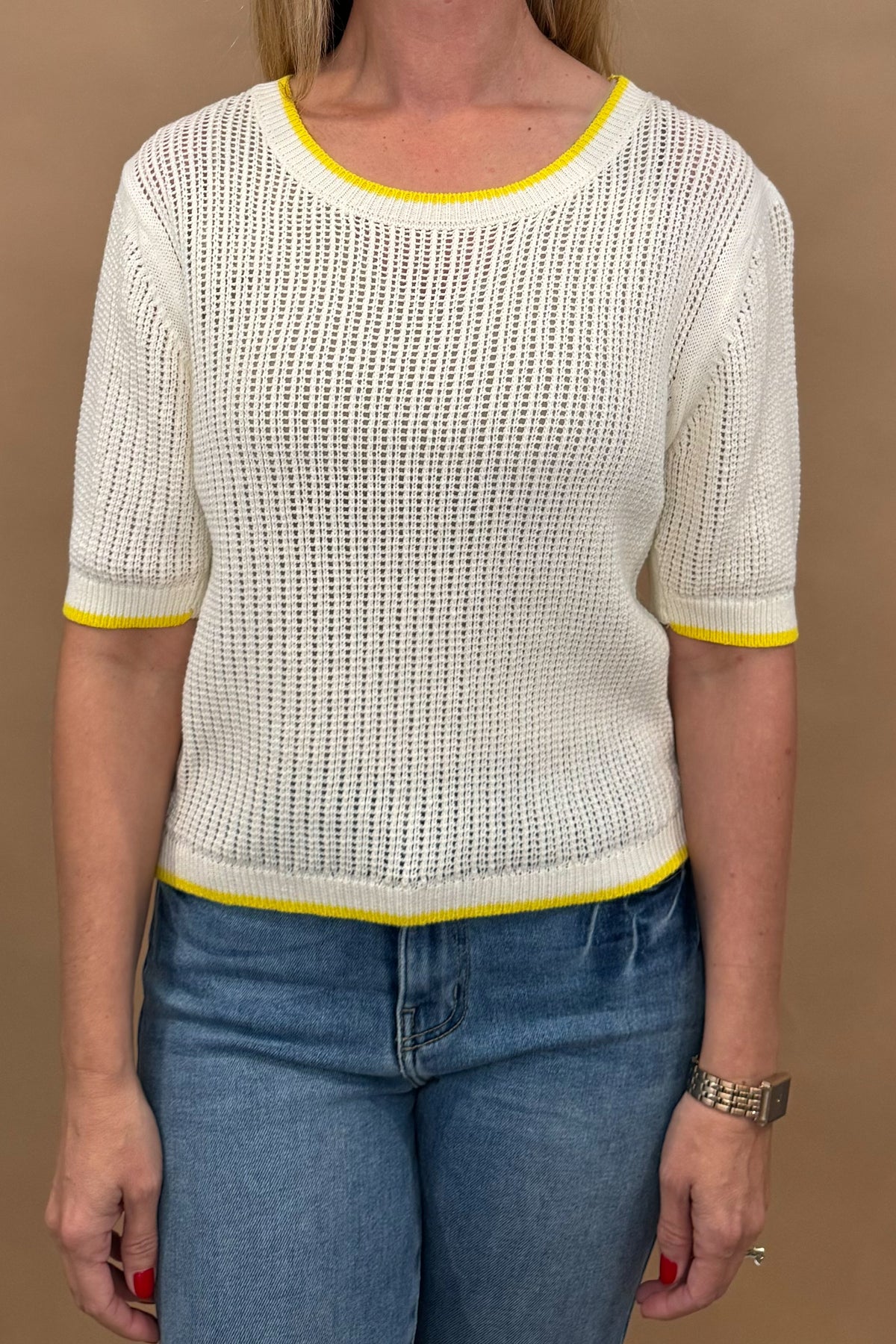 Lemon Yellow Trim Crochet Knit Top, 100% Cotton