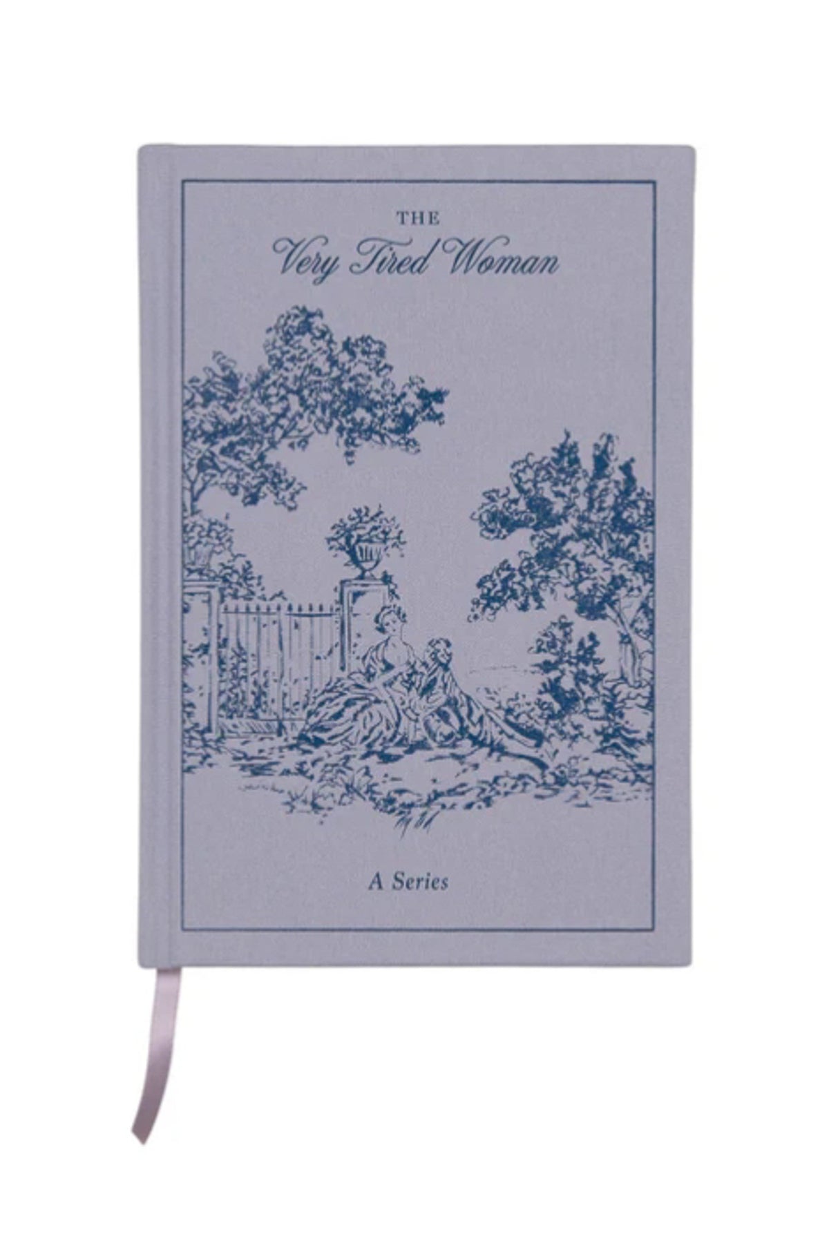 Notebook titled 'The Very Tired Woman' with blue illustrations on a white background