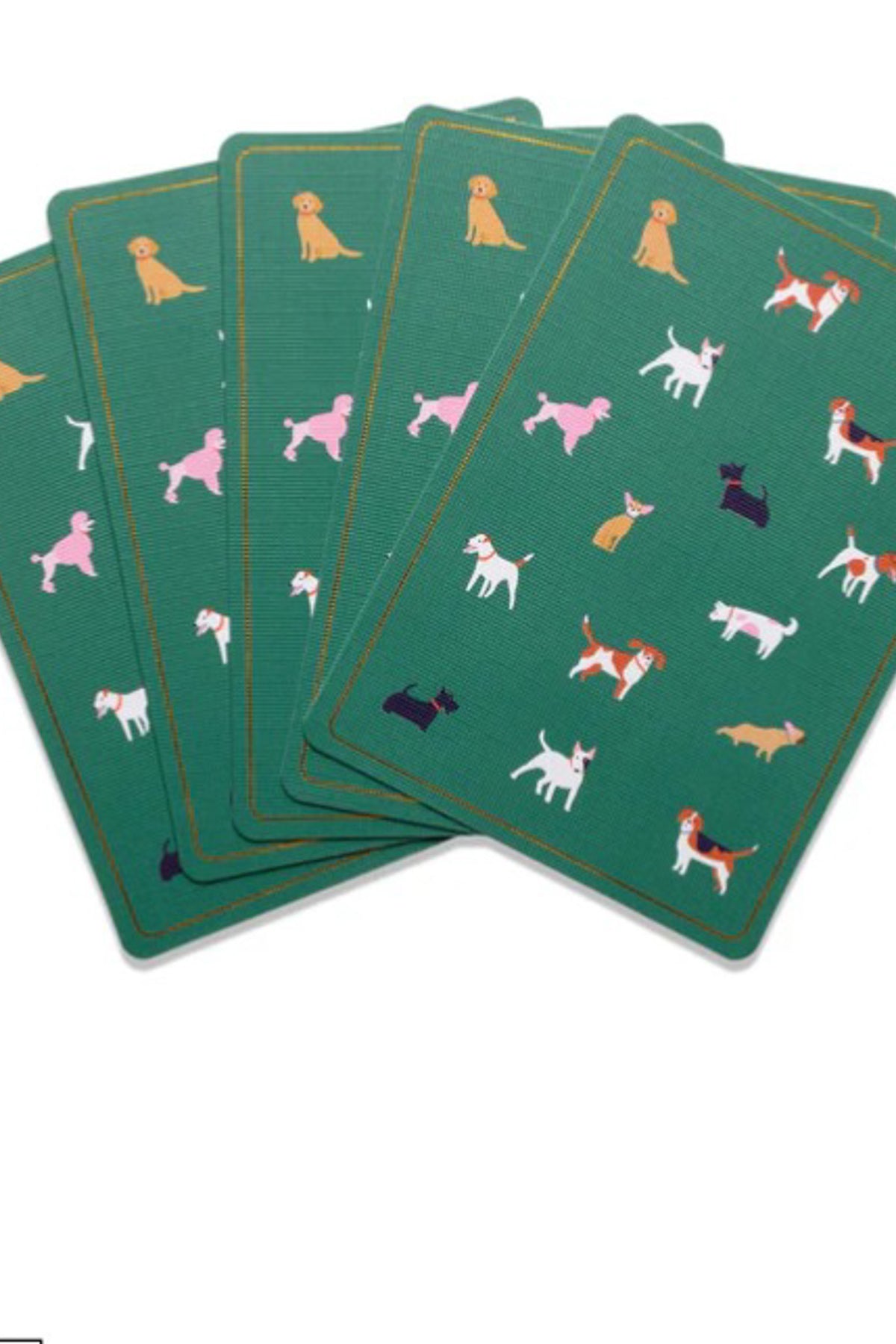 Set of playing cards with dog illustrations on a green background