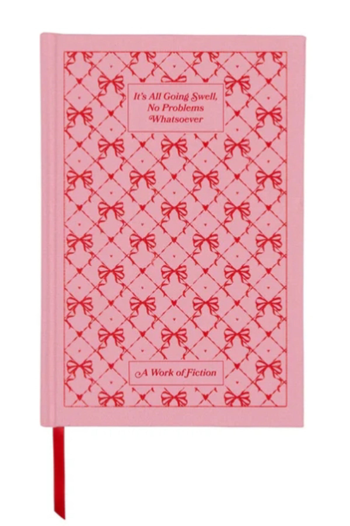 Pink notebook with red bow pattern and text on a white background
