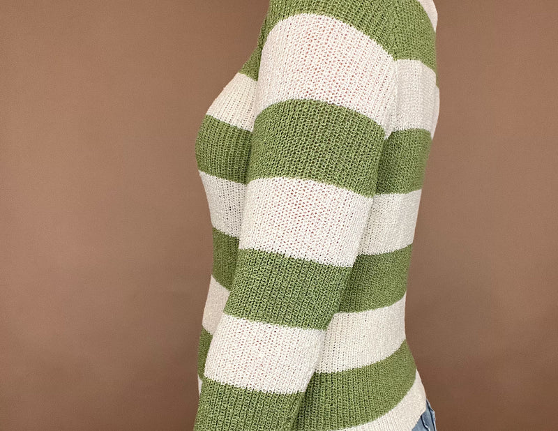 <br>Elevate your wardrobe with the Lucky Stripes Spring Sweater. This green and ecru fitting sweater features a unique texture, perfect for adding depth to your style. Ideal for layering, it provides both warmth and a touch of sophistication. Step up your fashion game with this exclusive piece.