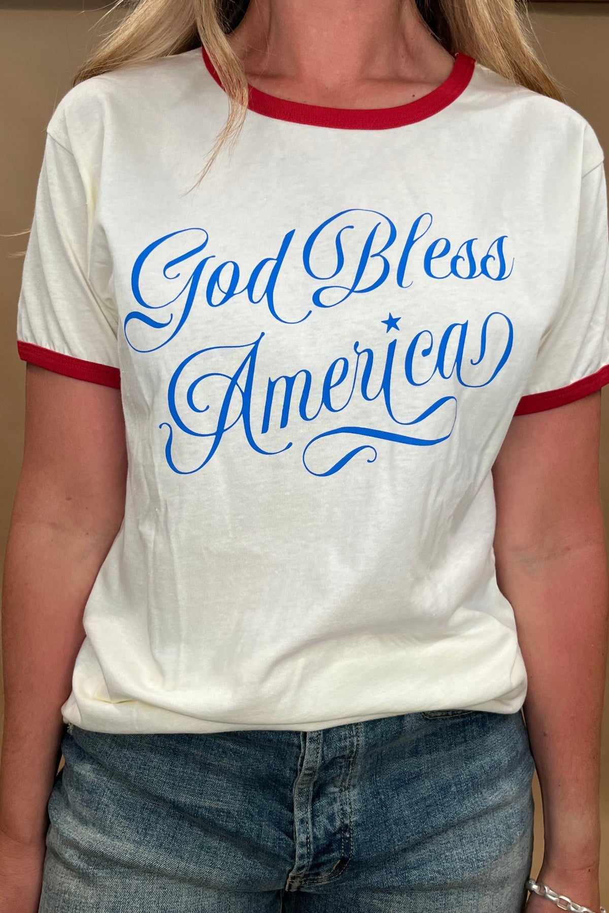 God Bless America Ringer Tee, 100% Cotton