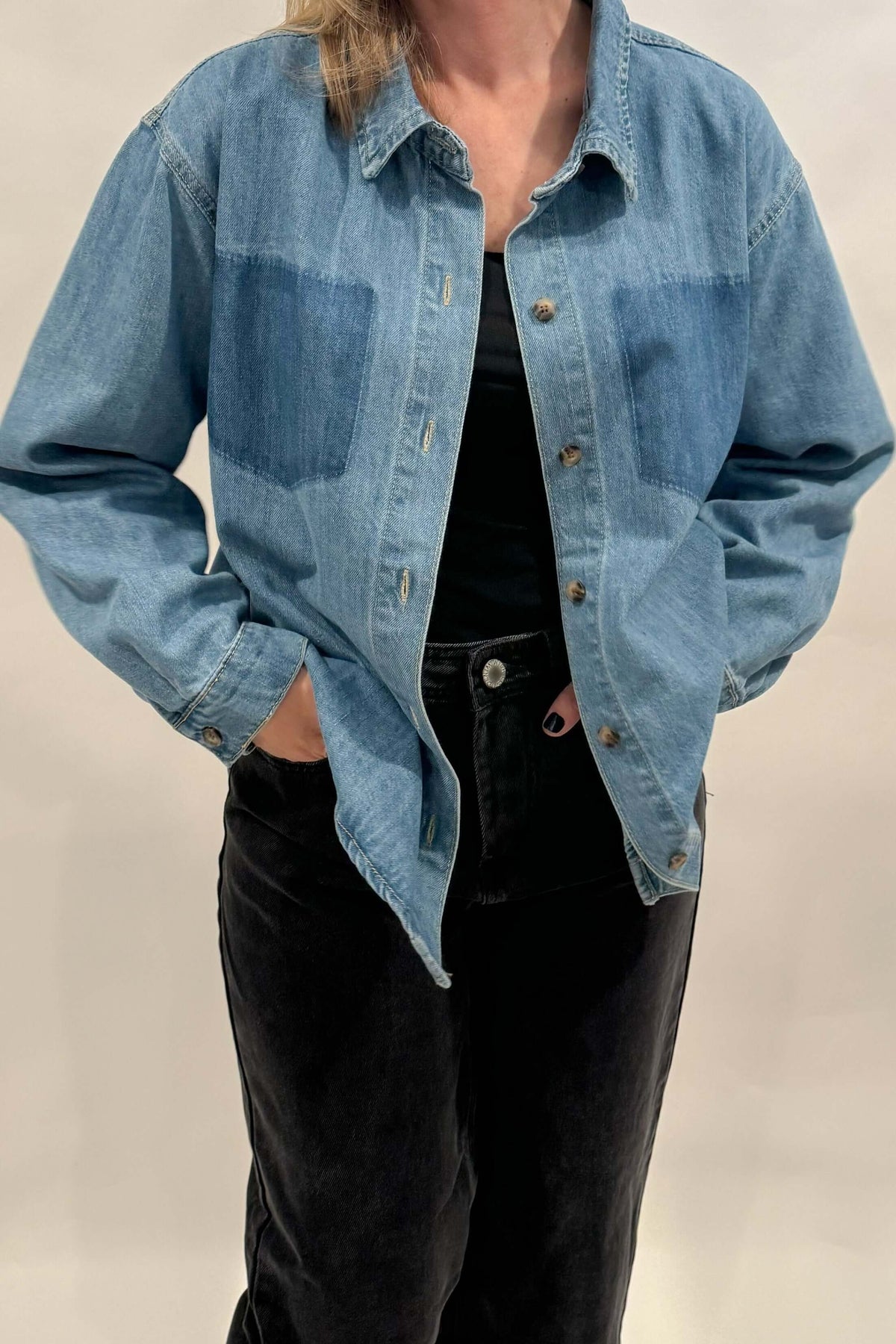 Denim Shirt with Burnout Pockets, 100% Cotton