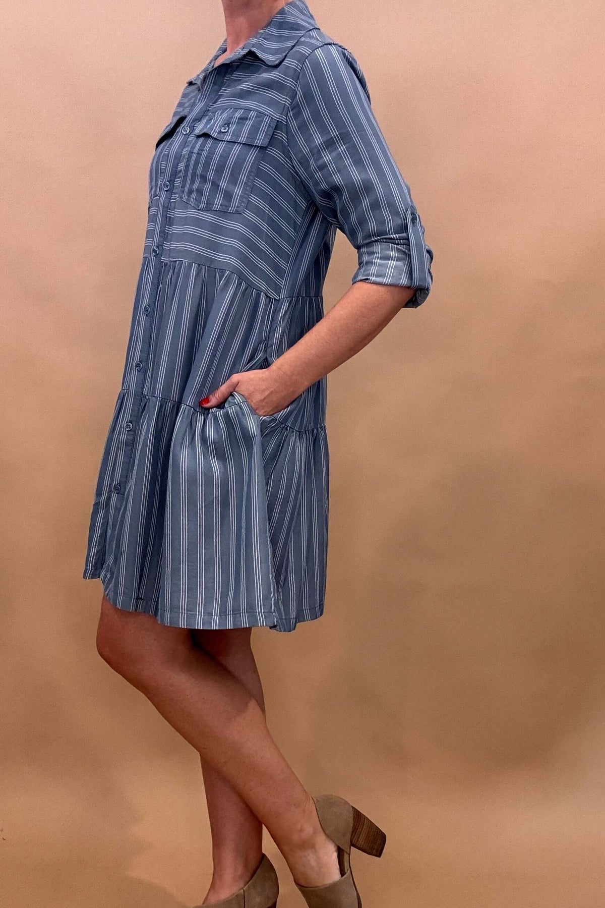 rolled sleeve button up dress, knee length