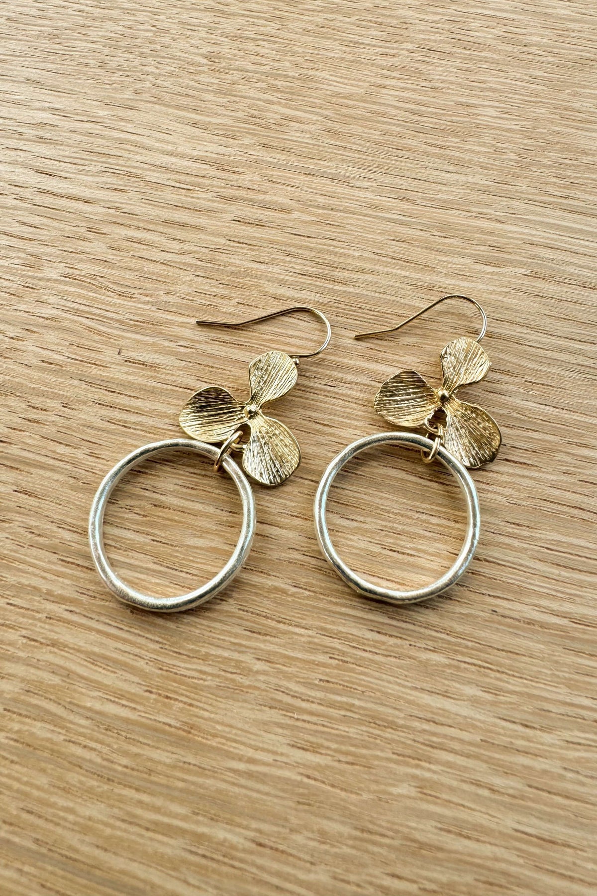 Gold Flower & Sterling Silver Hoop Earrings, Made in the USA