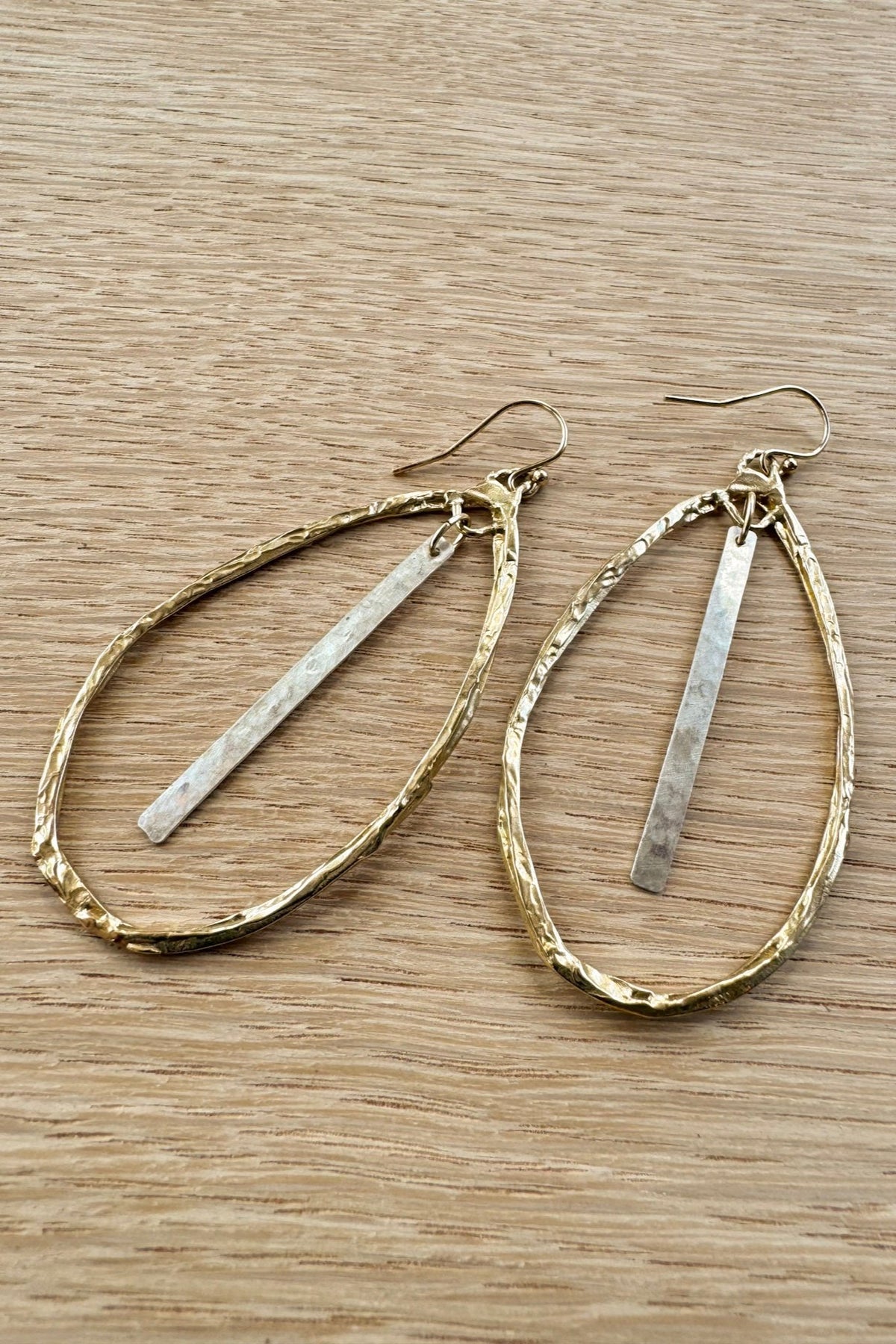 Golden Bronze Teardrop Hoop & Hammered Sterling Sliver Earrings, Made in the USA