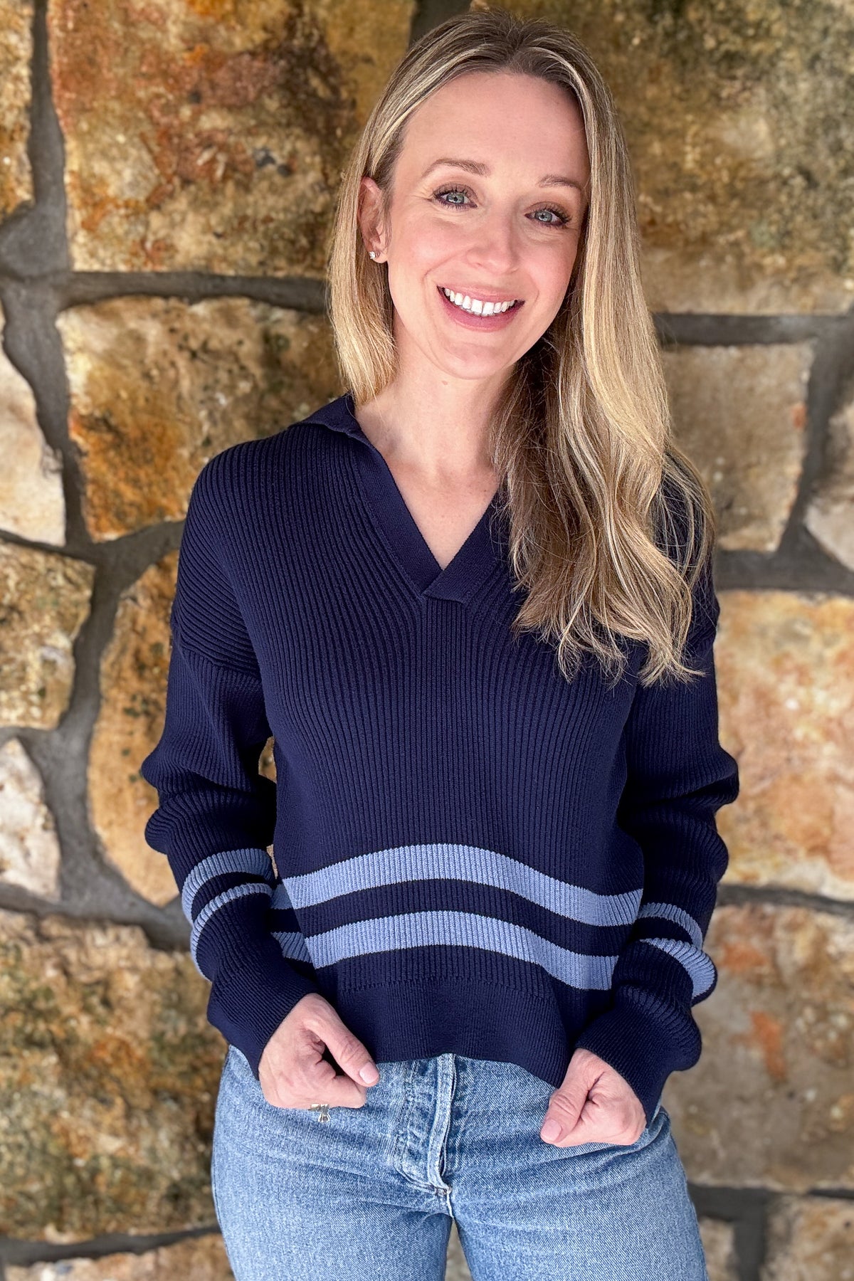 The Jenna Polo Sweater
100% organic cotton. Ethically made.

A classic cut sweater in the most gorgeous shades of blue. Pair this beauty with your favorite pair of jeans for a look that never goes out of style.