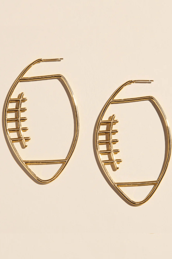 football hoop earrings, gameday earrings, football jewelry, sports earrings, waterproof earrings, PVD plated jewelry, gold hoop earrings, statement hoop earrings, nickel free earrings, hypoallergenic earrings, tailgate accessories, women’s gameday style, boutique jewelry, sporty chic earrings, football season accessories, Cotton & Cashmere boutique, Blanco Texas boutique, women’s jewelry online

