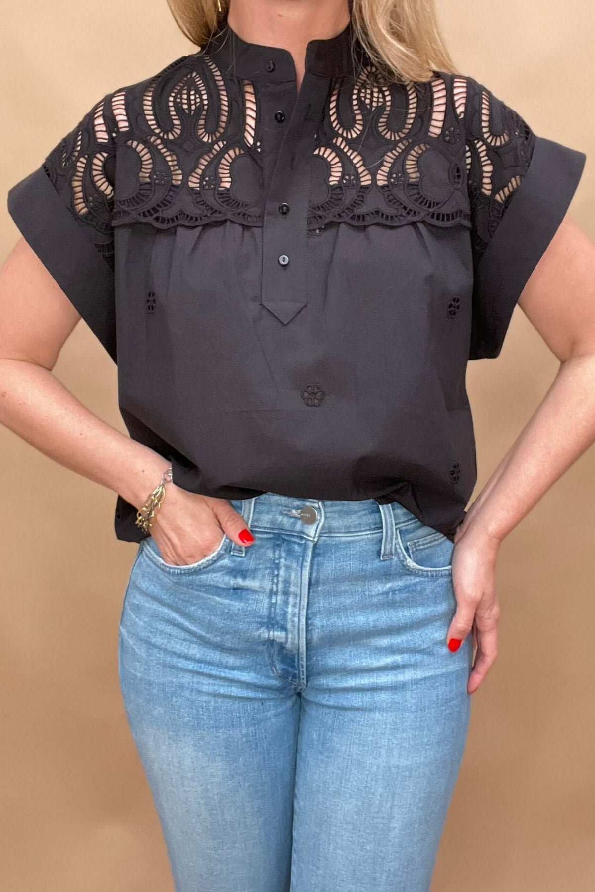 all cotton black blouse with lace detailing