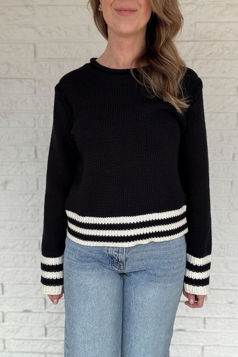 This classic striped knit is the kind of sweater you’ll wear all season long. Made from a heavy 100% cotton knit, it has a cozy, substantial feel without being bulky. The contrast stripes at the hem and cuffs add a clean, sporty touch that keeps it timeless and easy. Women's fashion boutique Blanco Texas Johnson City Texas