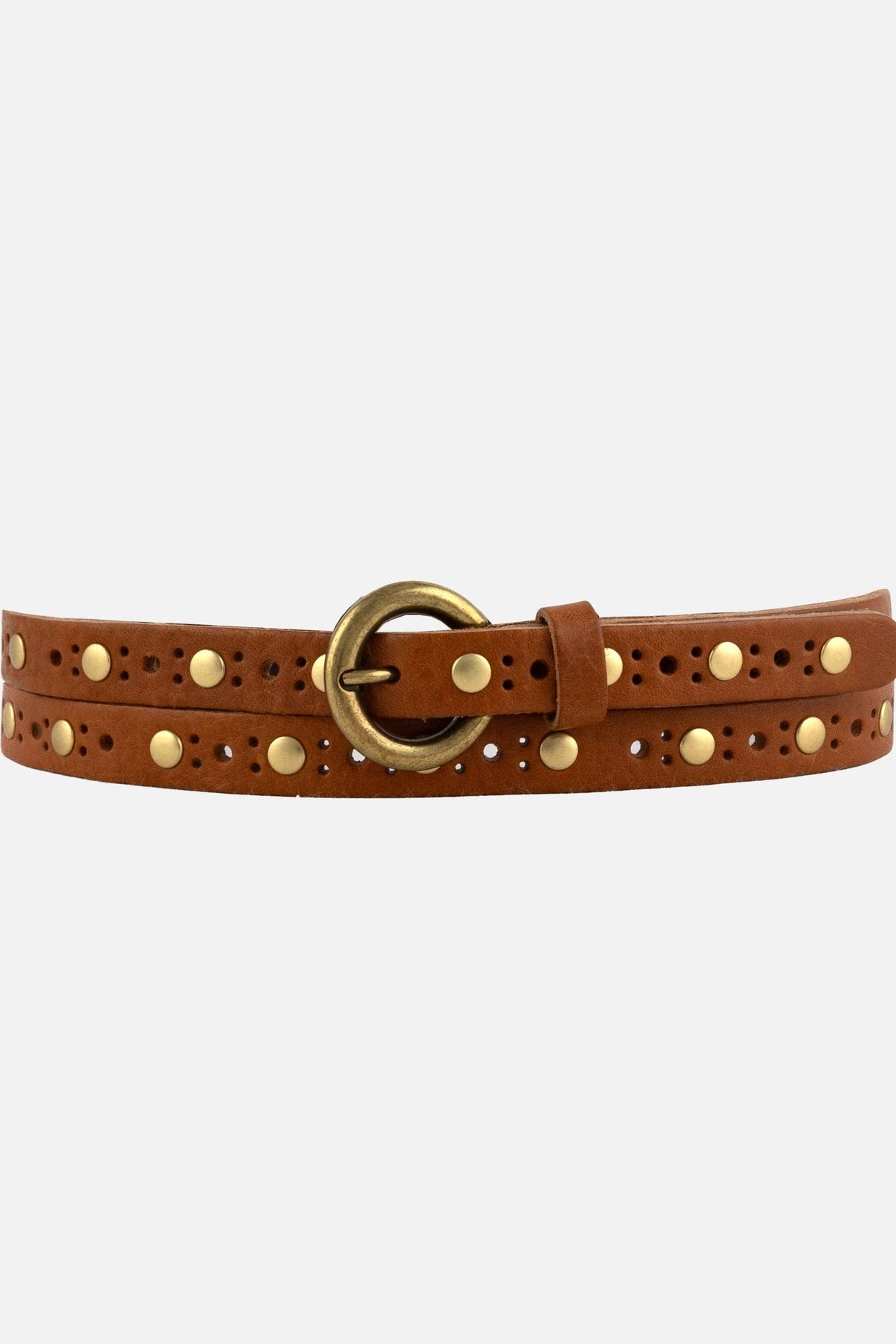 Brown leather belt with gold studs and buckle from Amsterdam Heritage. 