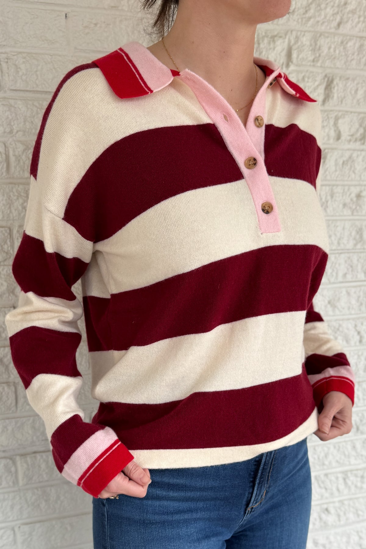 Easy, cozy, and polished all in one! This striped henley sweater brings that relaxed, lived in feel with a soft knit and an easy drape that looks great half tucked or worn loose. The collar and button front add a little structure, so you can wear it for everyday plans or dress it up with denim and boots. Designed to fit loose when you choose your true size, it gives you that effortless, comfortable fit without feeling oversized. A great grab and go layer for cooler mornings, casual days, and easy weekend sV