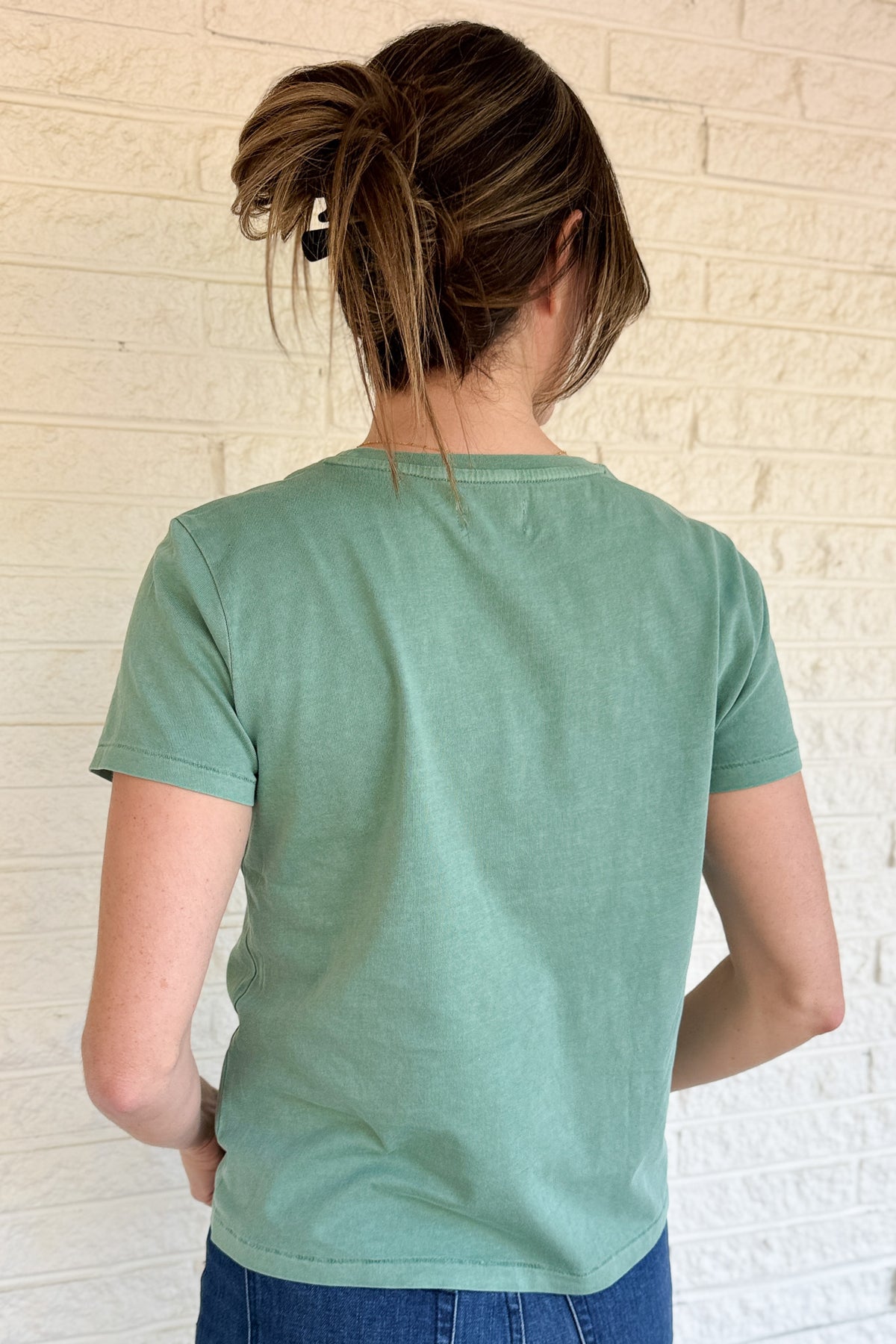 Blanco Texas boutique clothing, local women’s clothing store, cotton women’s clothing, washed green tee, casual wardrobe staple, easy everyday outfits, classic women’s t shirt, shop online women’s fashion, made for daily wear