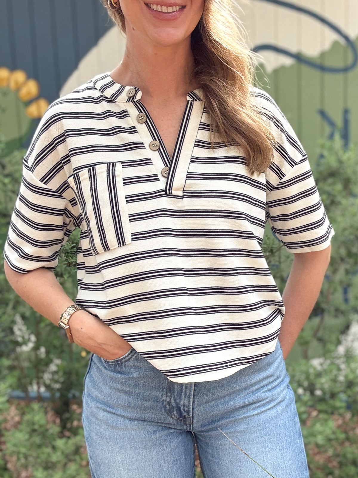 striped knit top, black and white striped sweater top, v neck knit top, boxy knit top, button front knit top, women’s striped top, casual knit top, everyday knitwear, lightweight sweater top, relaxed fit top, soft stretch sweater, neutral stripe top  