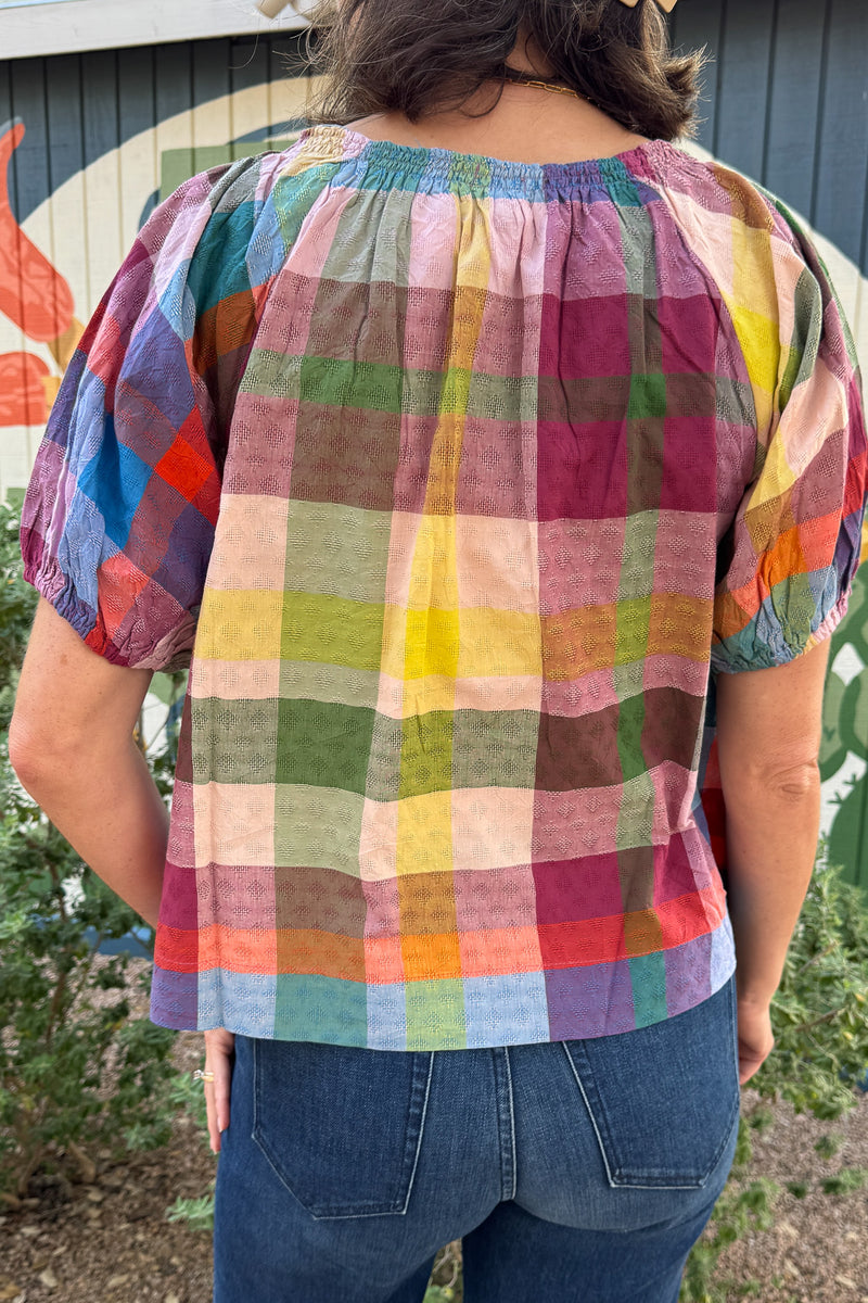 Harbor plaid cotton top for women featuring textured fabric, puff sleeves with elastic cuffs, and a relaxed fit.