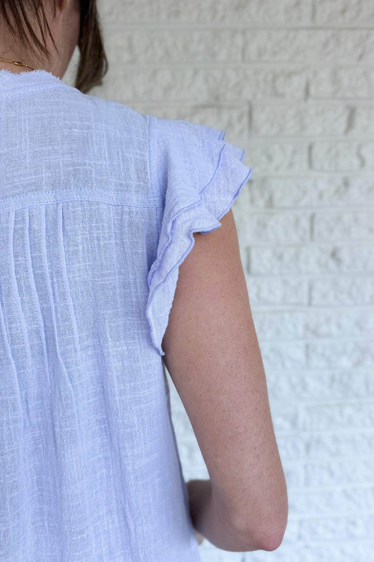 cotton gauze ruffle blouse, lightweight breathable cotton top, soft textured cotton shirt, relaxed fit gauze blouse women, airy cotton summer top, comfortable everyday blouse, natural fiber clothing, easy wear women’s top