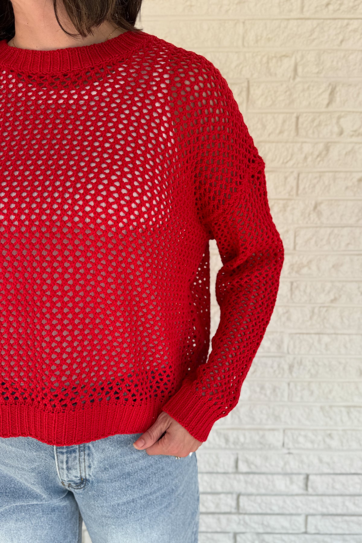 red open weave sweater, cotton blend knit sweater women, lightweight layering sweater, casual women’s boutique clothing, breathable spring sweater, effortless style women’s fashion, sustainable-inspired women’s clothing, Blanco Texas clothing boutique, online women’s boutique USA, Cotton & Cashmere boutique  