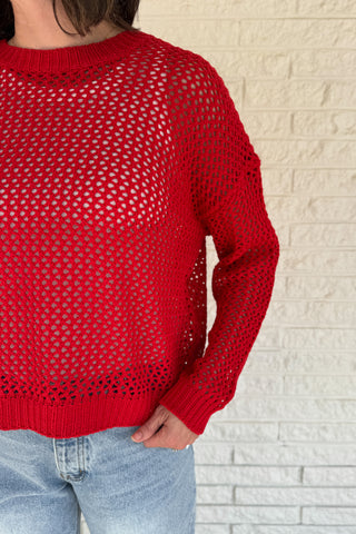 red open weave sweater, cotton blend knit sweater women, lightweight layering sweater, casual women’s boutique clothing, breathable spring sweater, effortless style women’s fashion, sustainable-inspired women’s clothing, Blanco Texas clothing boutique, online women’s boutique USA, Cotton & Cashmere boutique  