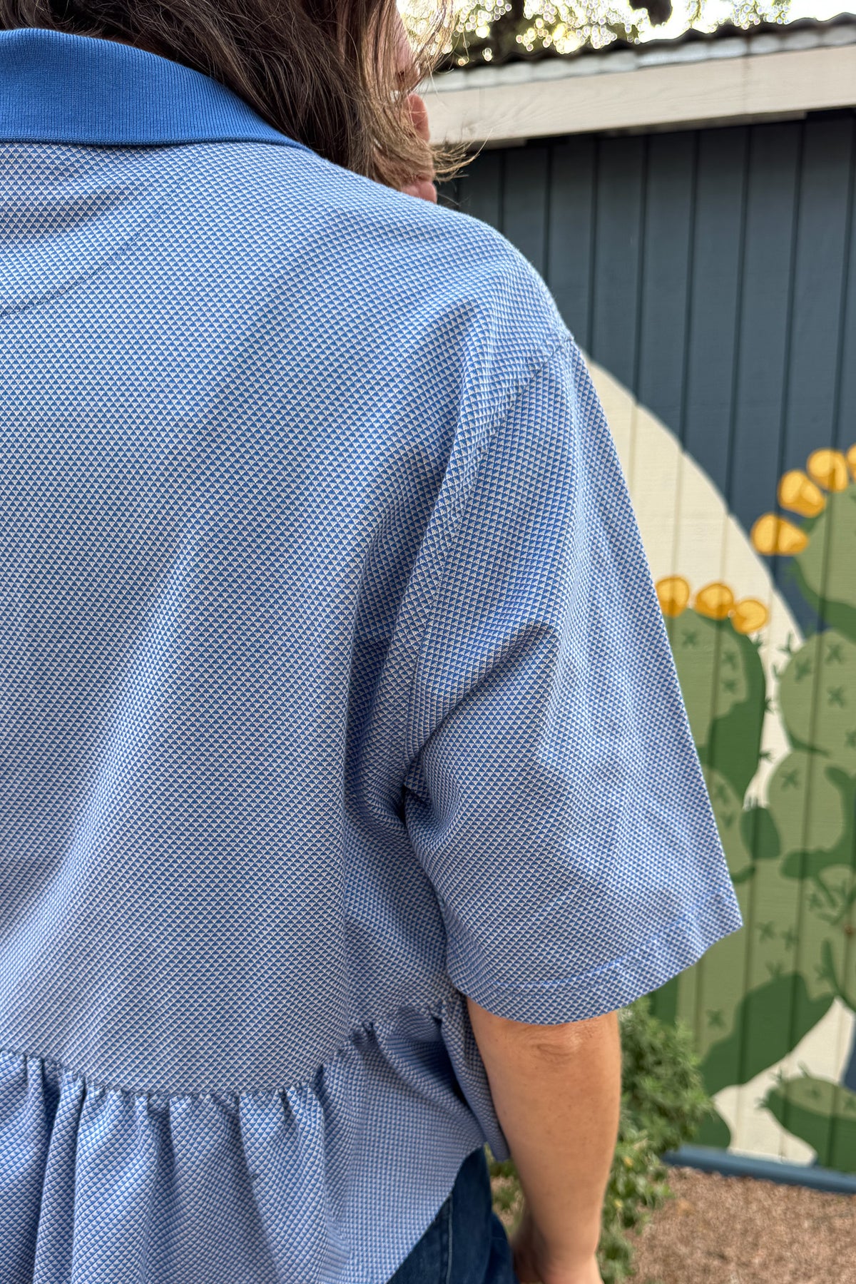 One-of-a-kind VonVie Bunny Polo in blue with vintage-inspired details, sustainably reworked and made in the USA.