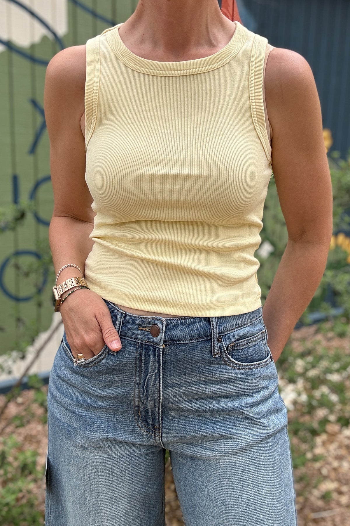 butter yellow tank top, fitted ribbed tank, women's clothing boutique, Cotton Clothing Blanco TX, Clothing Store Near Me, effortless style tank, Cotton & Cashmere boutique, women's cotton clothing