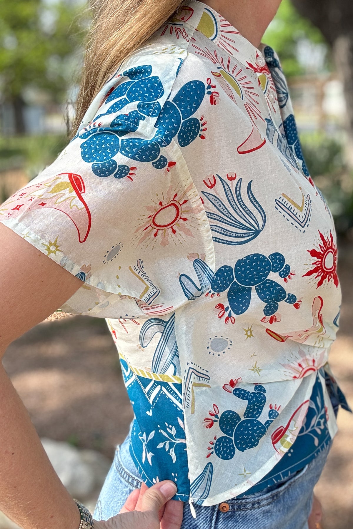 western blouse, blanco boutique, shop in blanco texas, cotton blouse, sustainable clothing, cactus print top
