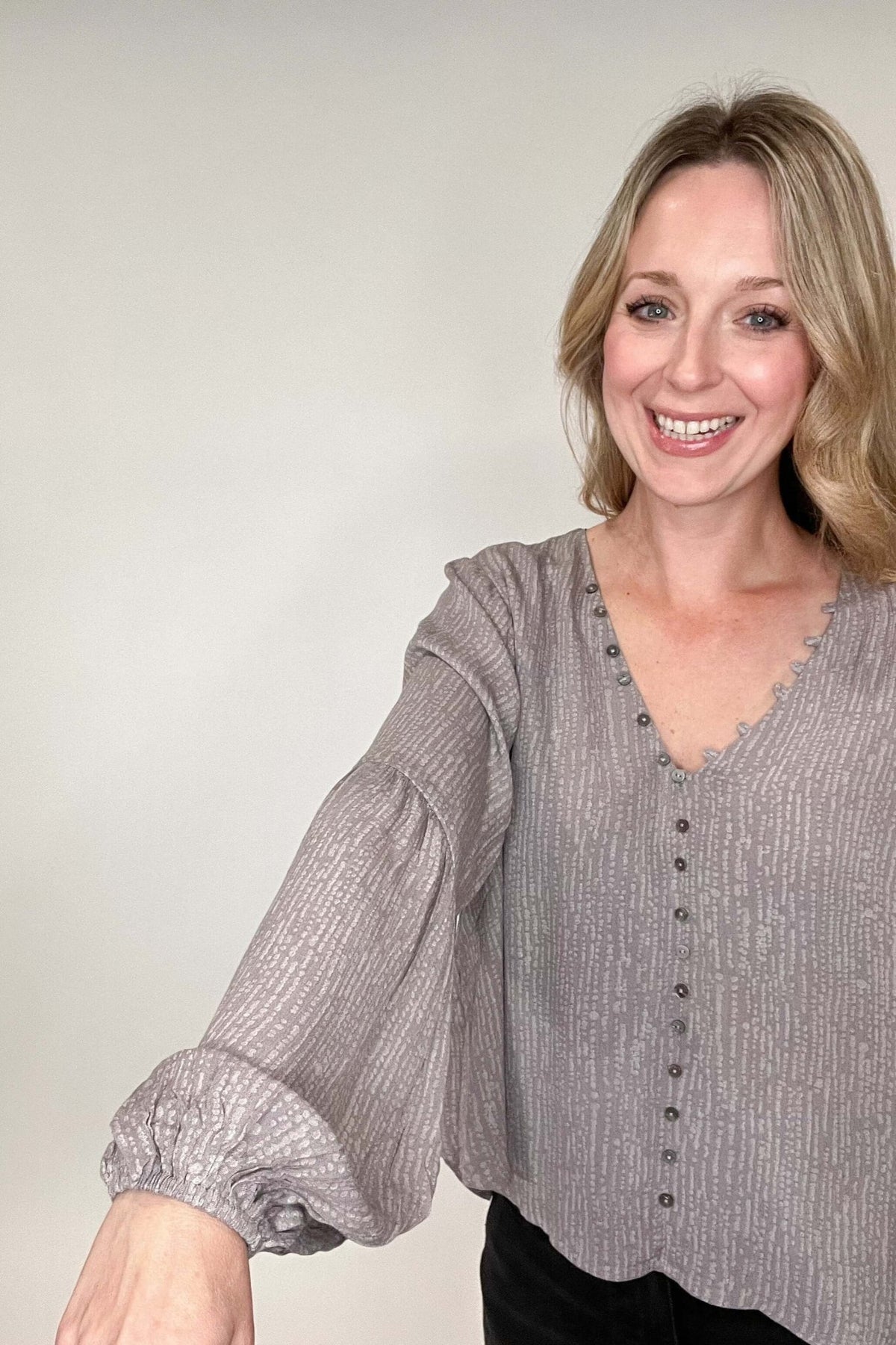 Buttons & Billows Blouse
v-neck patterned blouse
gray lavender blouse
women’s rayon blouse
lined blouse for women
faux button front blouse
no gap button blouse
dressy casual blouse
women’s boutique top
boutique blouse online
easy everyday blouse
polished women’s top
Cotton & Cashmere blouse
Blanco Texas boutique
women’s clothing in Blanco Texas