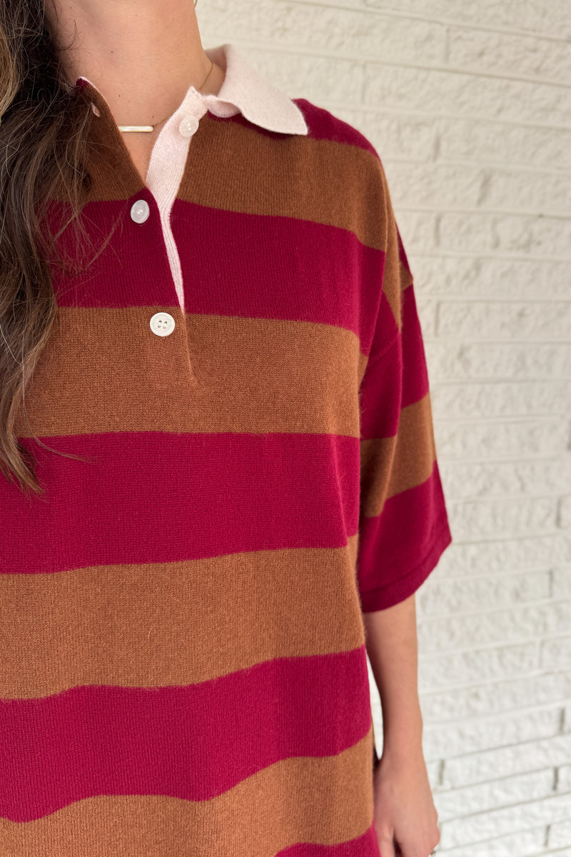 A relaxed spin on the rugby look. This 100% cashmere dress delivers effortless style with bold stripes and a soft contrast collar. Designed to hit mid-thigh, it’s easy to throw on with boots or layer as temps drop. Comfortable, polished, and ideal for casual fall days.