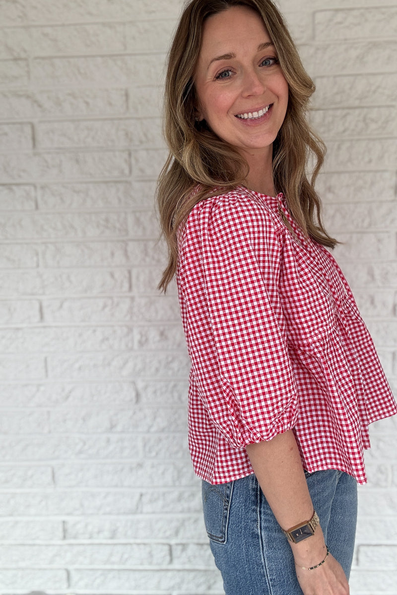 womens boutique, women's boutique in blanco texas, shops in blanco texas, stores in blanco texas, fashion in blanco texas. women's red gingham cotton blouse