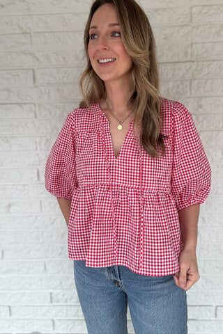 womens boutique, women's boutique in blanco texas, shops in blanco texas, stores in blanco texas, fashion in blanco texas. women's red gingham cotton blouse