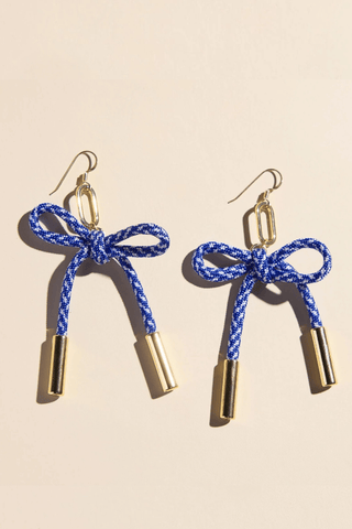 blue and white earrings, cord statement earrings, nylon rope earrings, paracord earrings, lightweight statement earrings, game day earrings, vacation earrings, blue statement earrings, gold hook earrings, silver hook earrings, nickel free earrings, hypoallergenic earrings, women’s fashion jewelry, boutique earrings, effortless style accessories, Cotton & Cashmere boutique, Blanco Texas boutique, women’s jewelry online