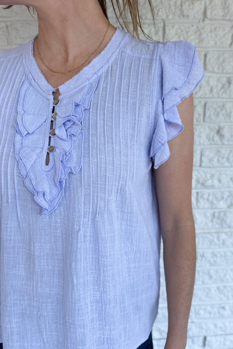 lavender ruffle blouse women, cotton gauze top women, lightweight cotton blouse, breathable summer top women, relaxed fit cotton shirt, feminine detail blouse, quality women’s clothing, everyday style top