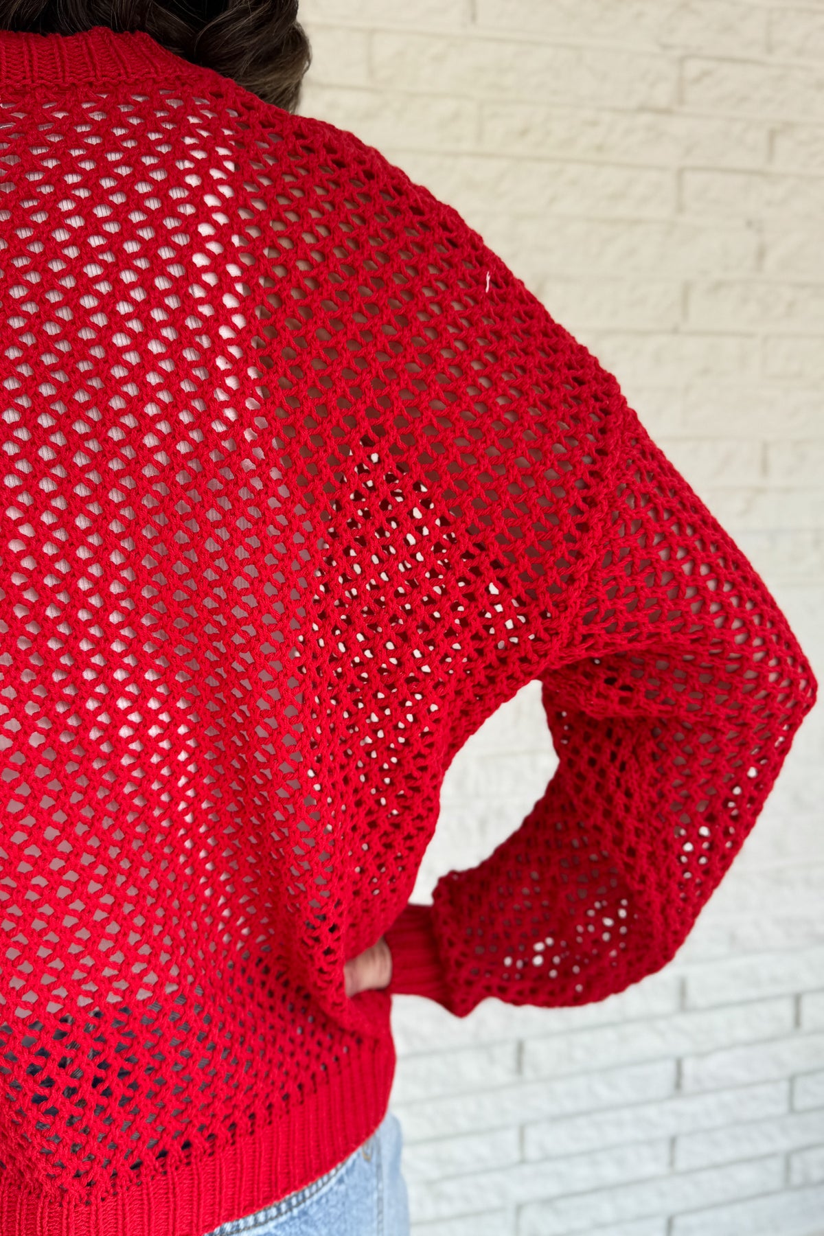 red open weave sweater, cotton blend knit sweater women, lightweight layering sweater, casual women’s boutique clothing, breathable spring sweater, effortless style women’s fashion, sustainable-inspired women’s clothing, Blanco Texas clothing boutique, online women’s boutique USA, Cotton & Cashmere boutique  