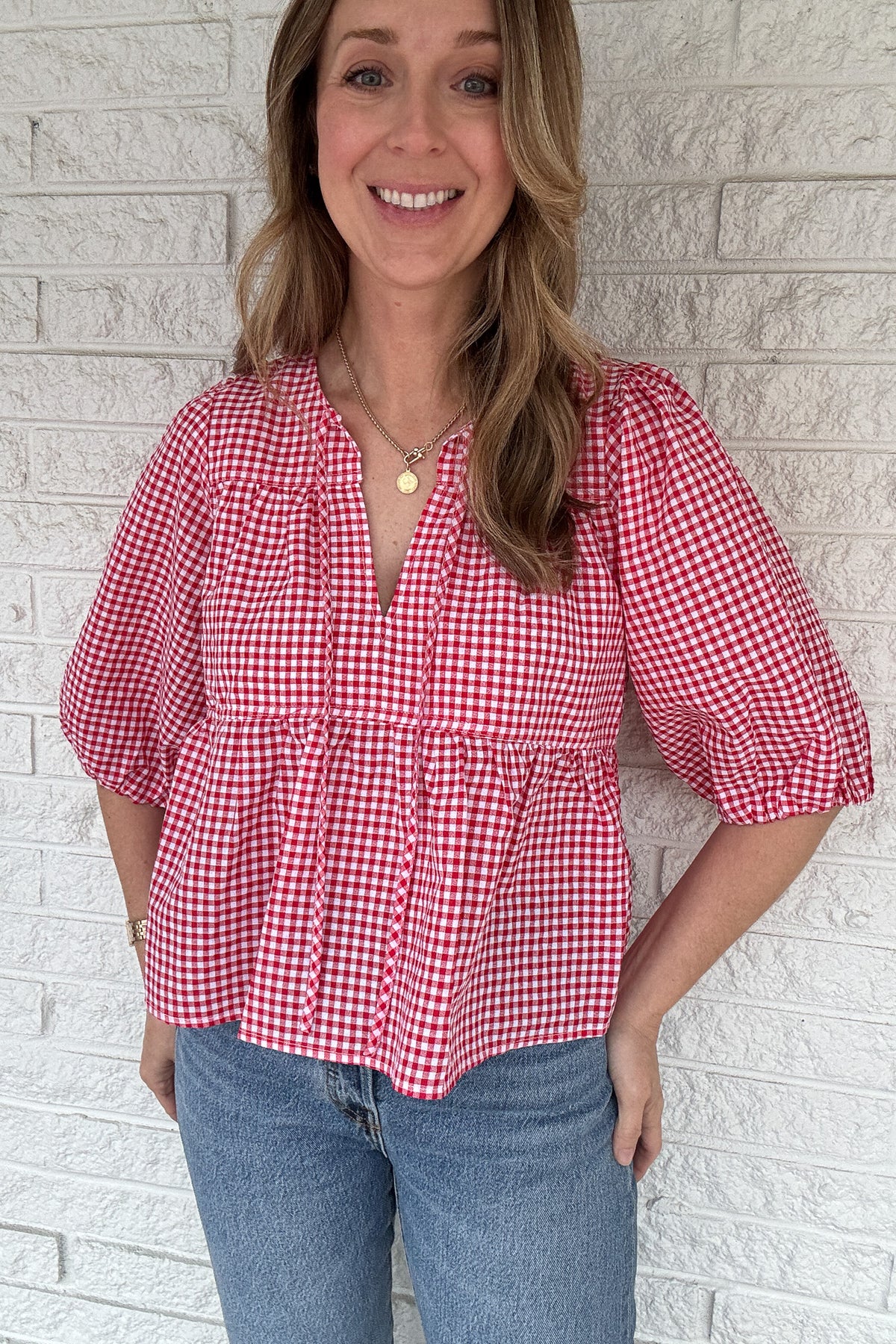 womens boutique, women's boutique in blanco texas, shops in blanco texas, stores in blanco texas, fashion in blanco texas. women's red gingham cotton blouse