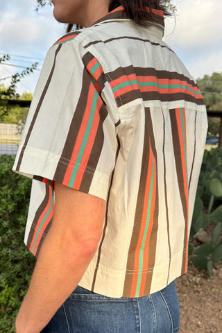 Striped cotton poplin top for women featuring a cropped silhouette, collared neckline, and easy relaxed fit.