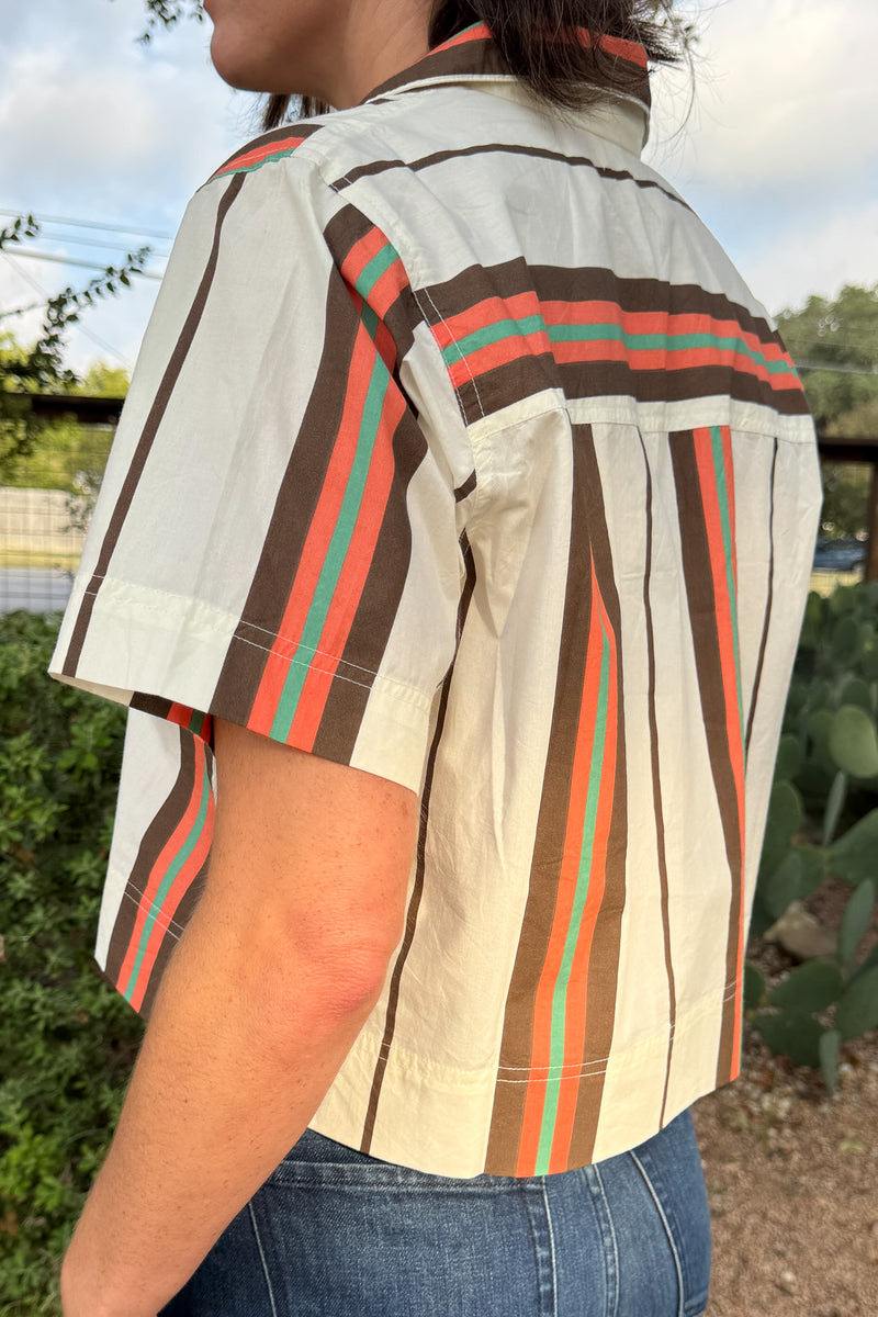Striped cotton poplin top for women featuring a cropped silhouette, collared neckline, and easy relaxed fit.