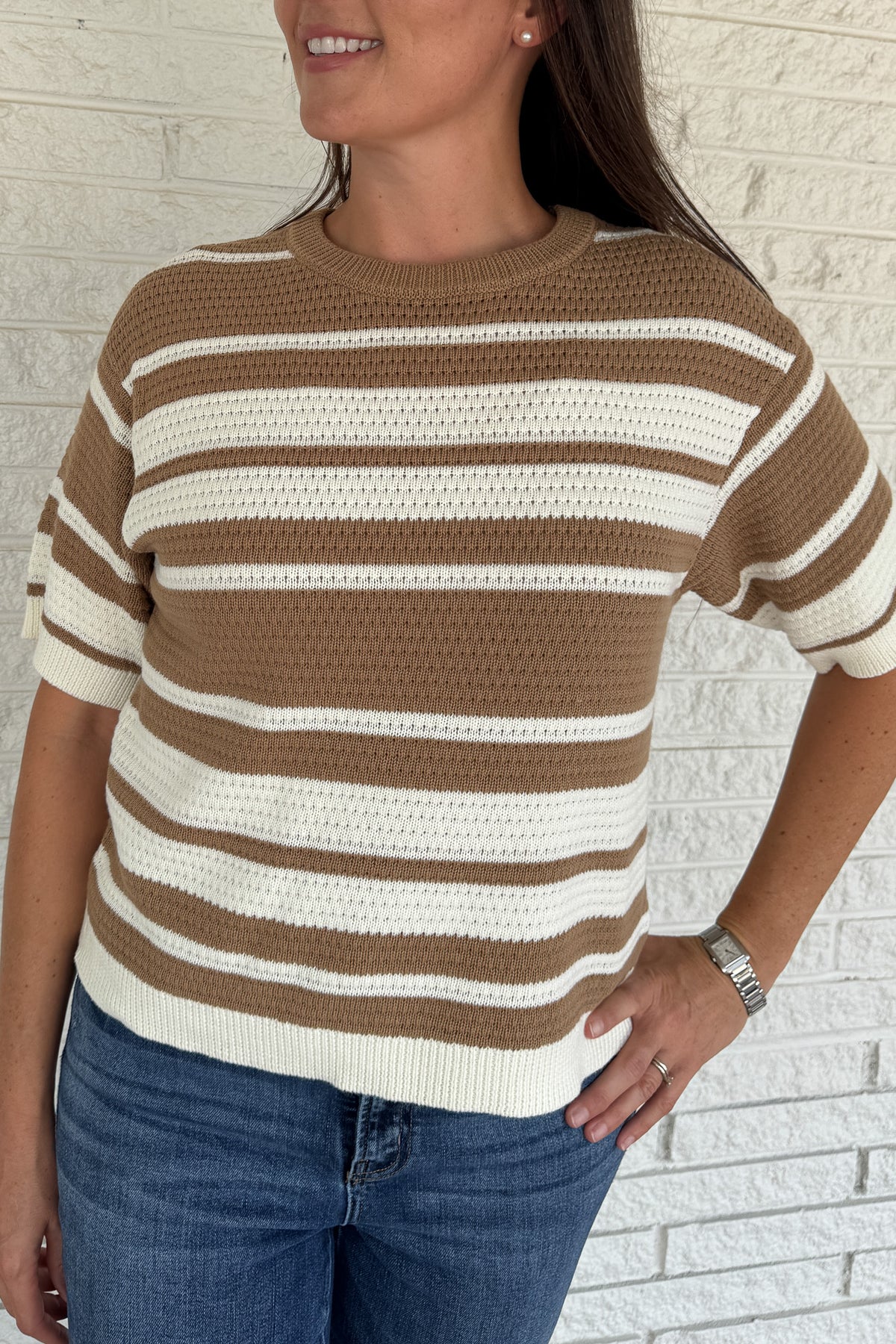 Classic stripes meet everyday comfort in this 100% cotton knit top. With its breathable open-knit texture and short sleeves, it’s an easy choice for effortless clothing that works from season to season. A timeless neutral palette keeps it versatile for everyday wear.