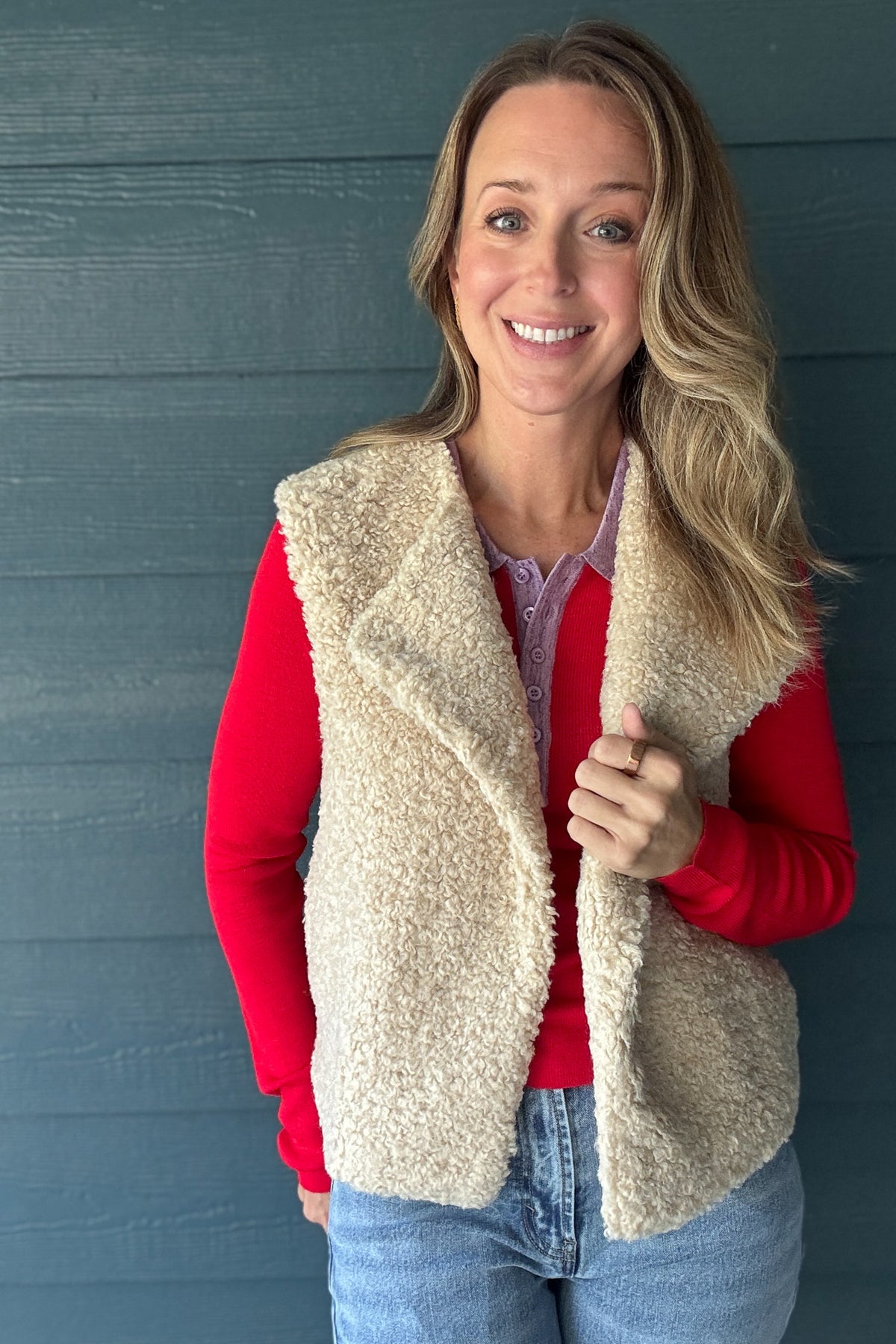 Detail view of Habitual Denim cream faux sherpa vest showing plush texture, wide lapel collar and soft neutral color.