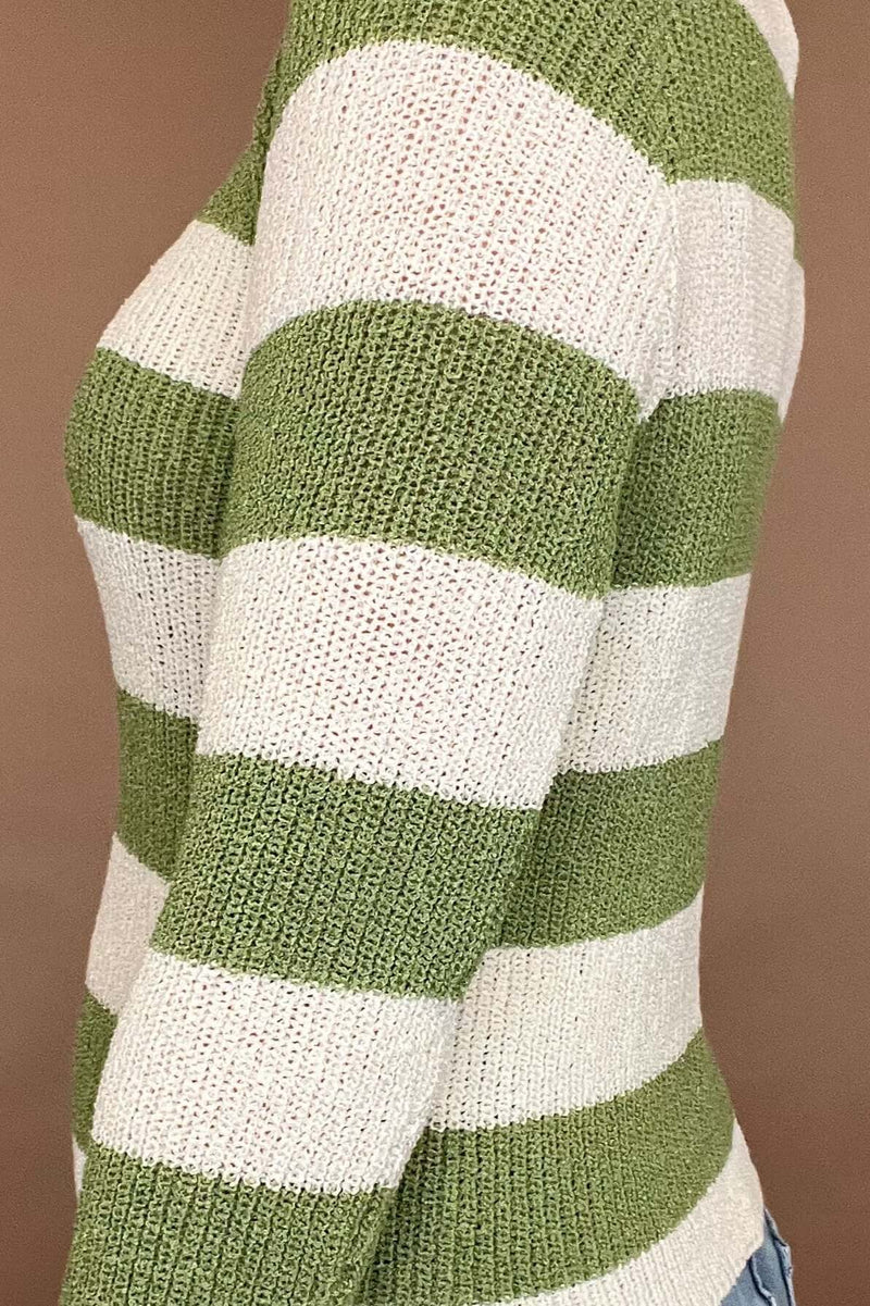 <br>Elevate your wardrobe with the Lucky Stripes Spring Sweater. This green and ecru fitting sweater features a unique texture, perfect for adding depth to your style. Ideal for layering, it provides both warmth and a touch of sophistication. Step up your fashion game with this exclusive piece.