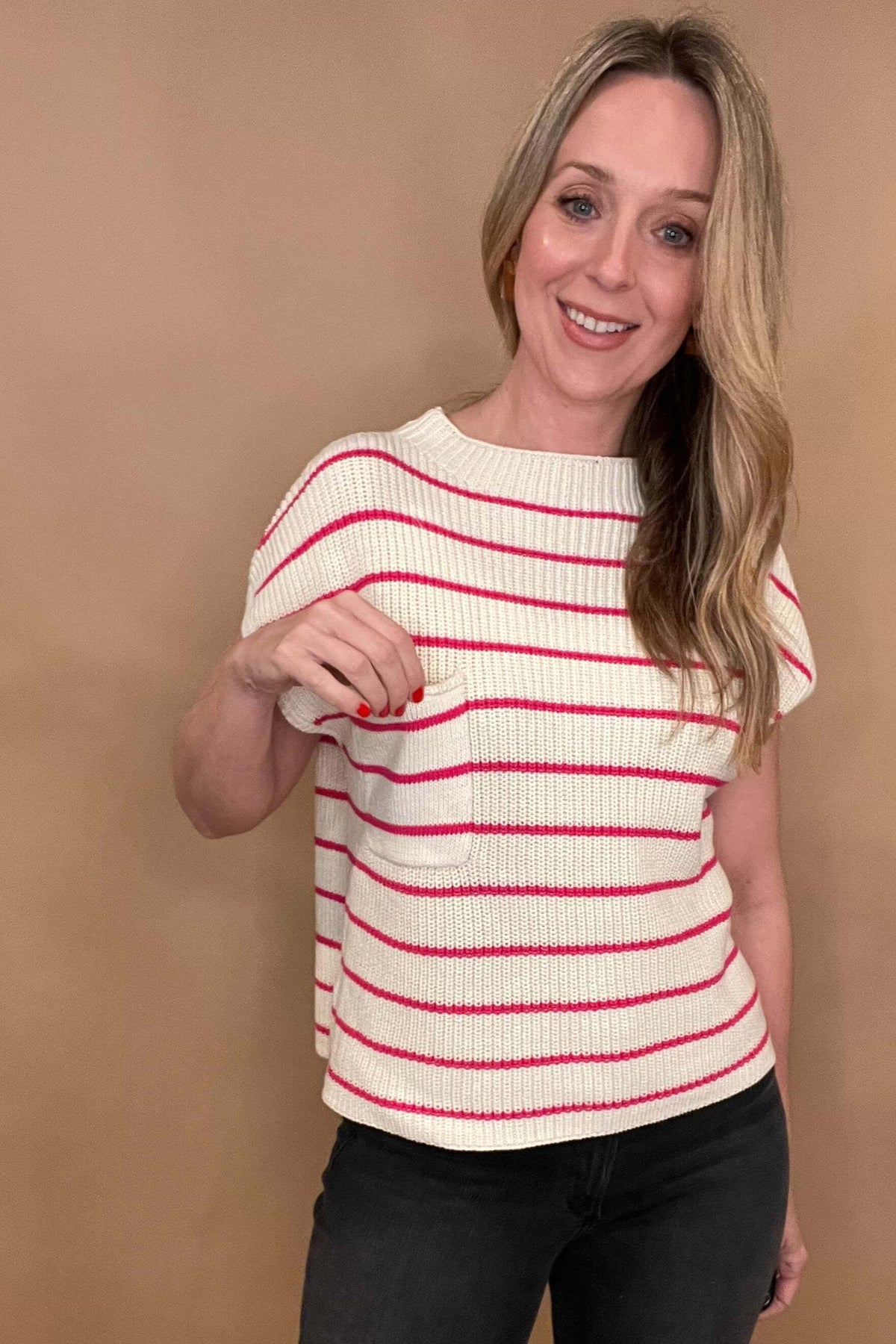 Effortlessly add a pop of color to your wardrobe with our&nbsp;Pink Stripes&nbsp;Sweater Top! This hot pink and white cap sleeve sweater is made from 100% cotton for ultimate comfort. With a waist-length hem, chest pocket, and chunky knit, this top is both fun and stylish!