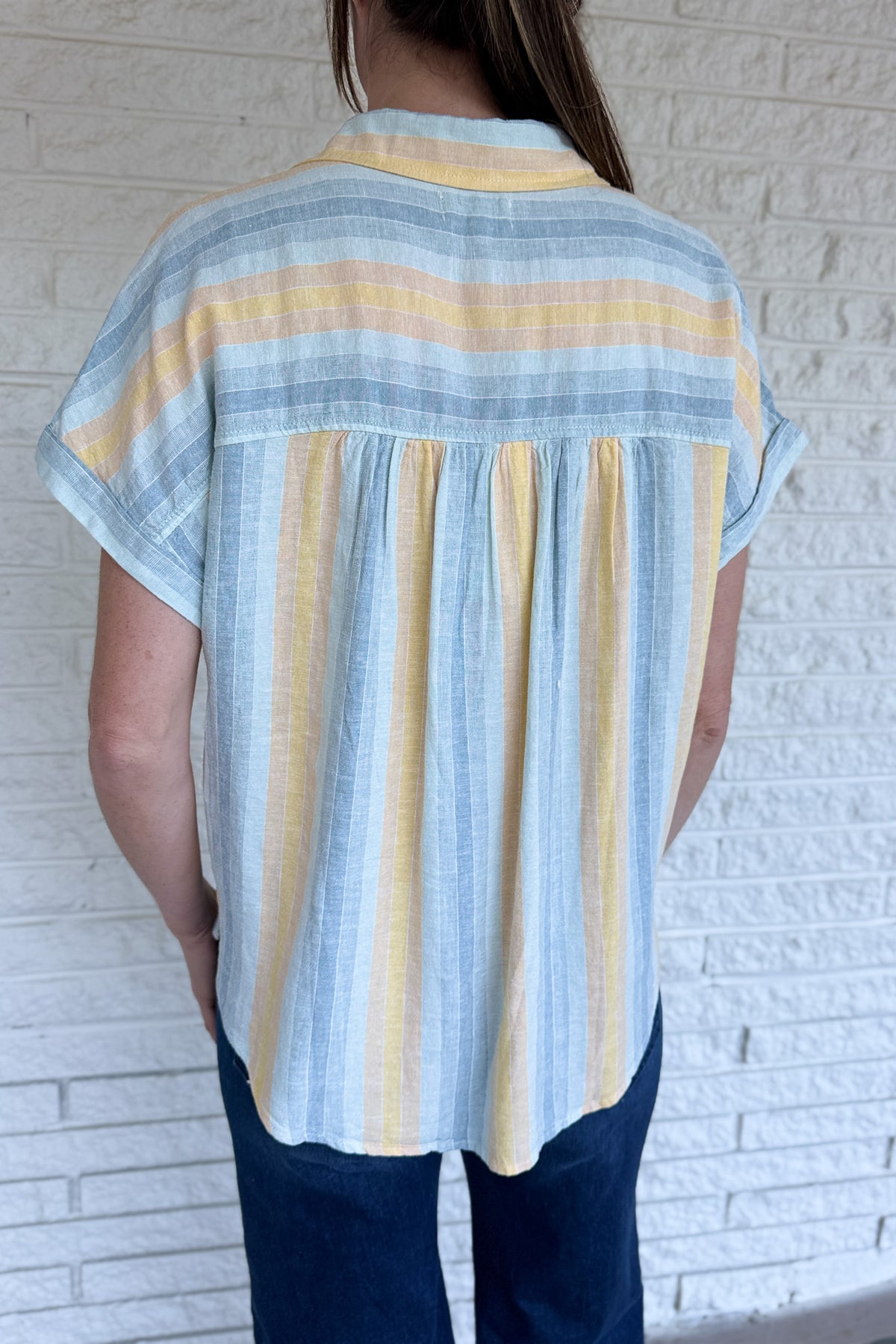 linen rayon blend shirt, lightweight breathable button up, soft drape striped blouse, relaxed fit linen shirt women, airy summer button down, vertical stripe linen top, comfortable everyday blouse, easy wear women’s shirt