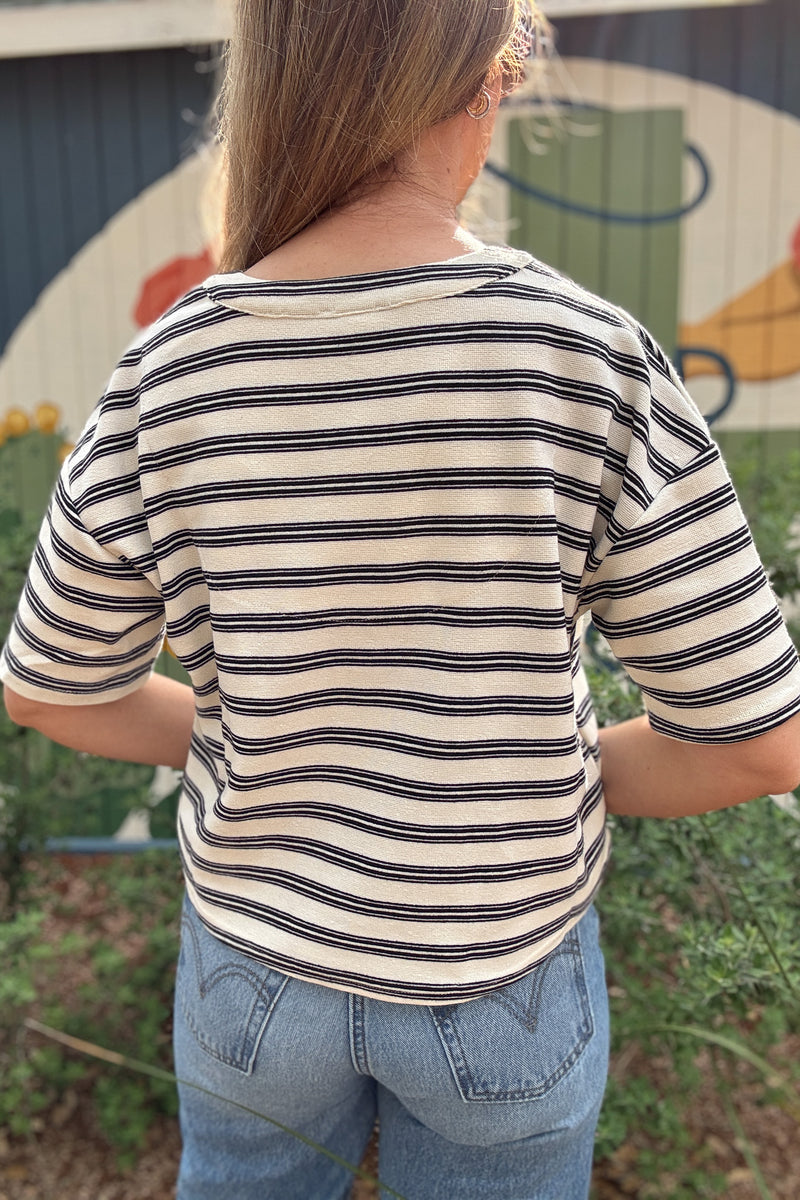 striped knit top, black and white striped sweater top, v neck knit top, boxy knit top, button front knit top, women’s striped top, casual knit top, everyday knitwear, lightweight sweater top, relaxed fit top, soft stretch sweater, neutral stripe top  