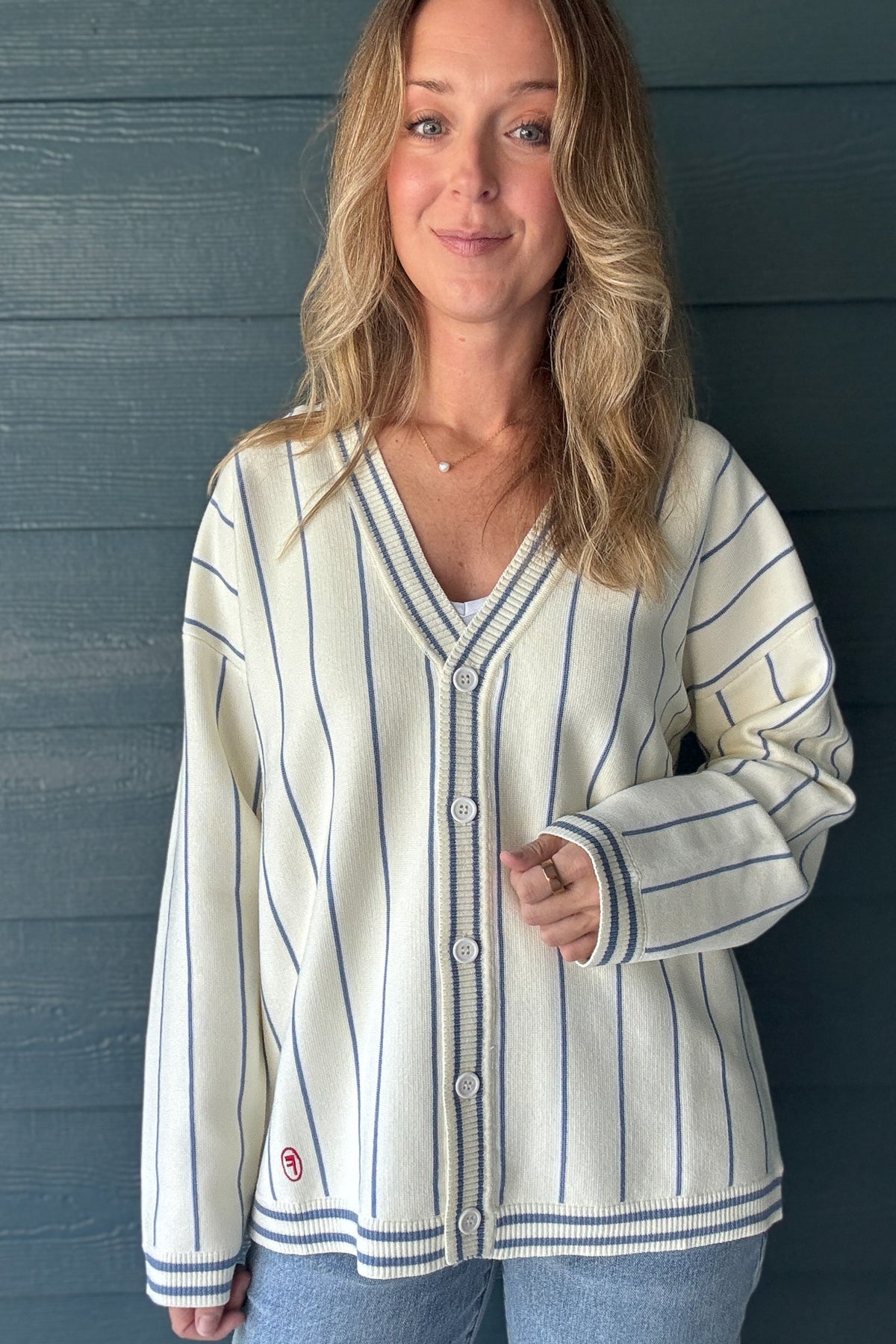 FRNCH ivory and blue striped cardigan sweater with button front, V-neckline and relaxed oversized fit at Cotton & Cashmere women’s boutique.