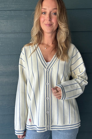 FRNCH ivory and blue striped cardigan sweater with button front, V-neckline and relaxed oversized fit at Cotton & Cashmere women’s boutique.