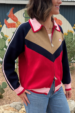 FRNCH women’s colorblock zip sweater cardigan in red, navy, camel and pink at Cotton & Cashmere boutique in Blanco, Texas