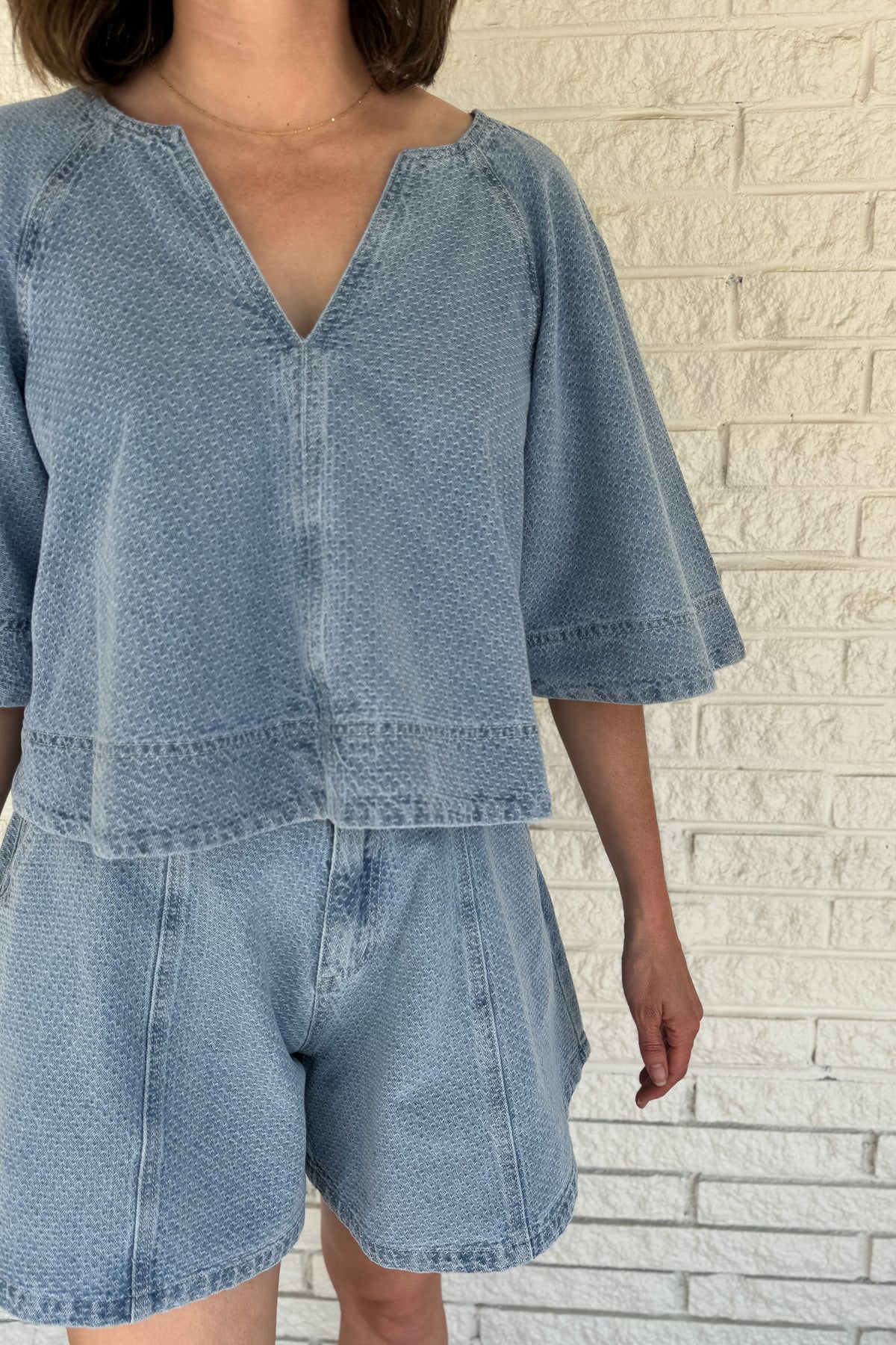 women’s denim shorts, 100% cotton denim shorts, women’s clothing boutique Blanco TX, boutique shorts online, textured denim shorts, women’s clothing near me, shop women’s fashion online Texas, effortless women’s style, boutique clothing shipping from Texas