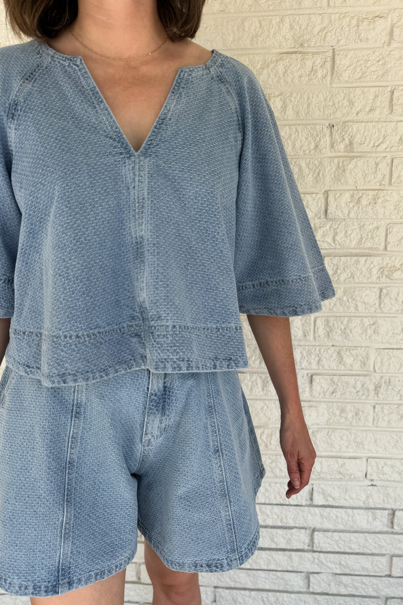 women’s denim shorts, 100% cotton denim shorts, women’s clothing boutique Blanco TX, boutique shorts online, textured denim shorts, women’s clothing near me, shop women’s fashion online Texas, effortless women’s style, boutique clothing shipping from Texas